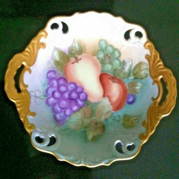 Antique Hand Painted Fruits 8.5" Double Handle Cake Plate Artist Signed ~ 1959